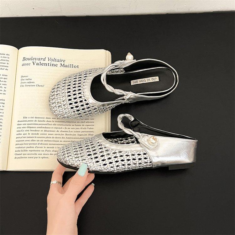 

Fashion Weave Mary Jane Shoes Woman Mules Slippers Casual Women Flat Sandals Summer 2025 Trend Elegant Dress Comfort Soft Leather Slides 40 серебряный