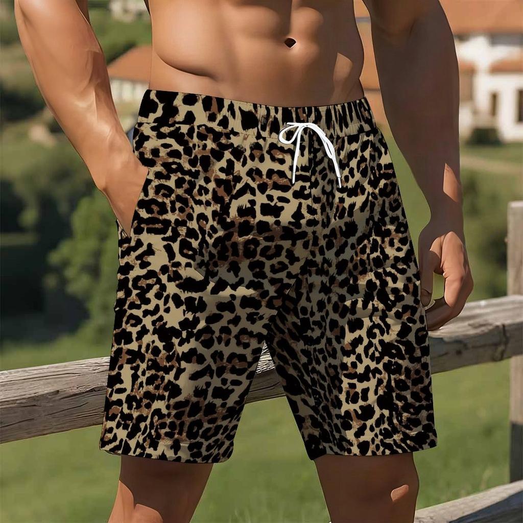 Men Drawstring Elastic Waist Shorts Brown Black Classic Full Leopard Animal Print Bottoms