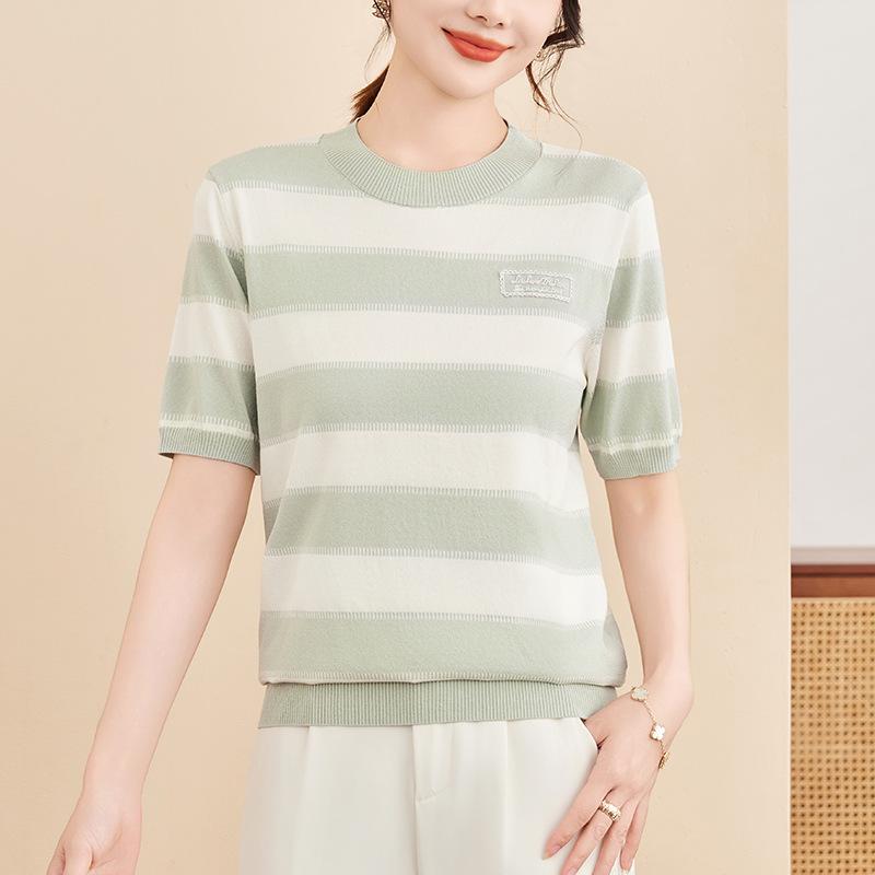 

2026 Summer Women s Loose Striped Knit Short Sleeve T-Shirt - Casual Slimming Style 110 cm