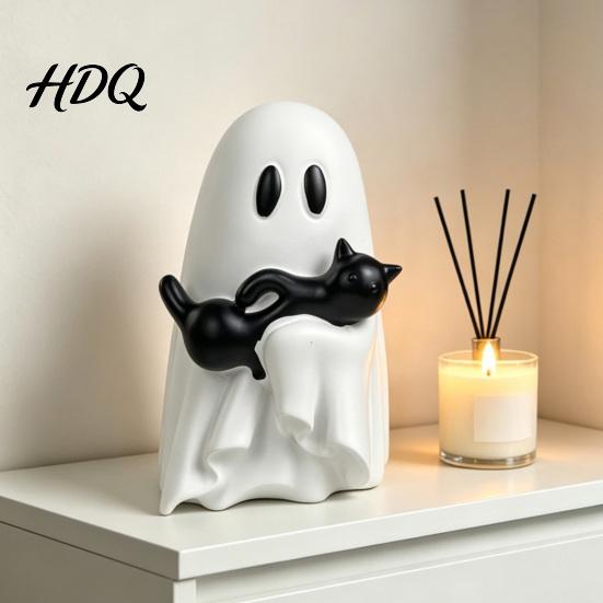 Halloween Ghost And Black Cat Figurine Ornament Hugging A Sculpture Cute Resin Ornament for Home Decor Unique Figurine Bedroom Entrance Display