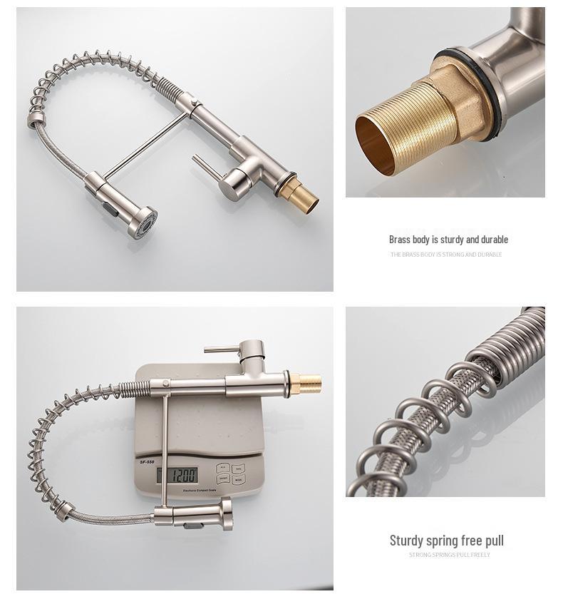 All Copper Rotatable Dual Mode Kitchen Faucet with Spring Neck for Hot and Cold Water
