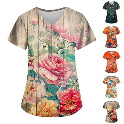 Women's Fashion V-neck Short Sleeve Workwear With Pockets Printed Tops