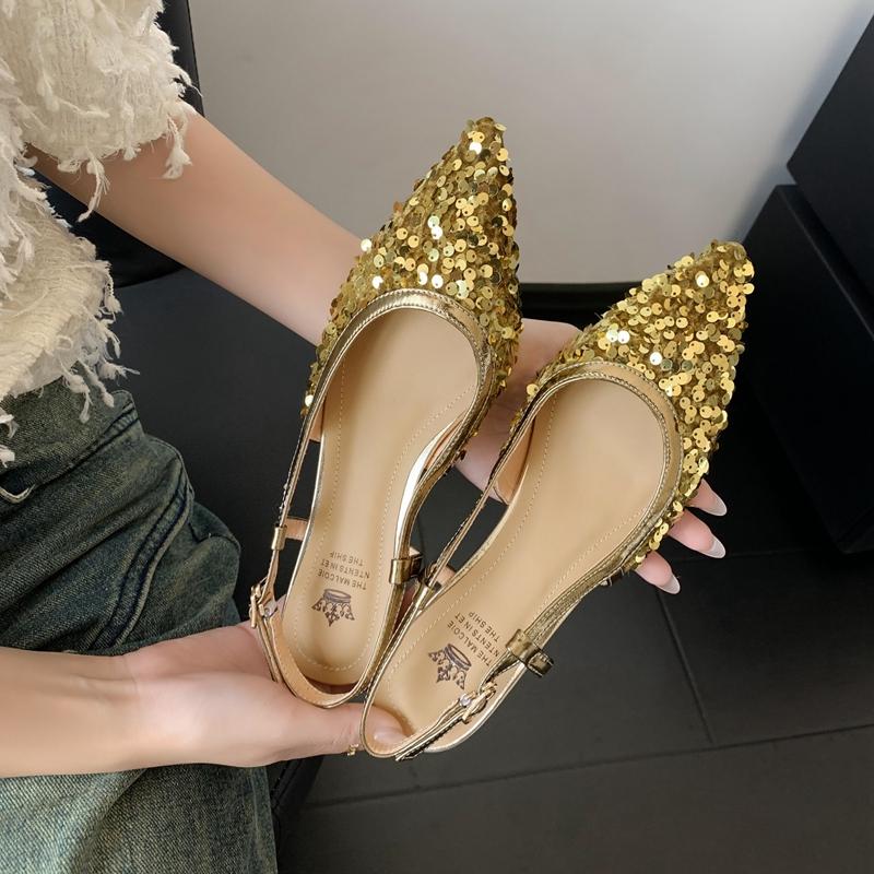 Fashion 2024 Women's New Nightclub Pointed Shining Metal Elastic Buckle Leather Cowhide Comfortable Low Heel Large Headed Muller Sandals