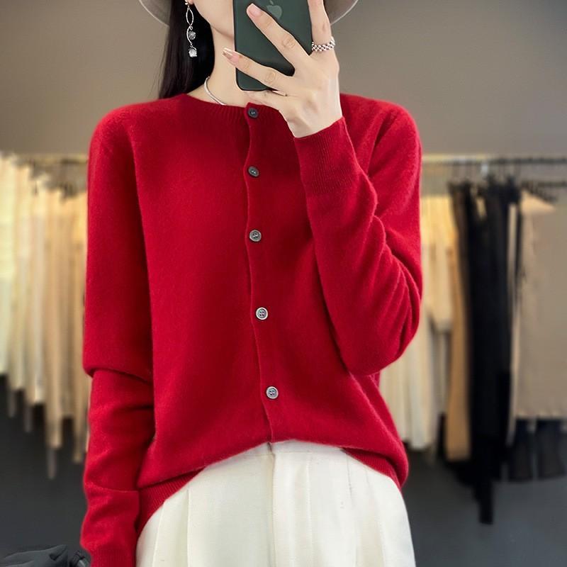 Womens Wool Knit Cardigan Sweater Round Neck Long Sleeve Lightweight Outerwear Fall Winter