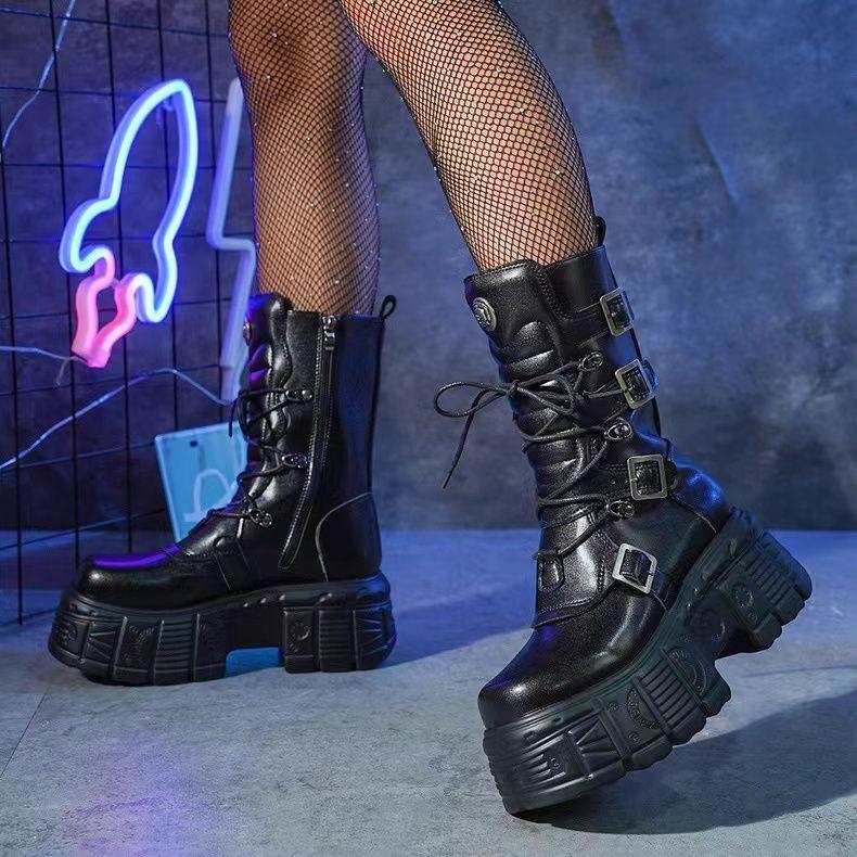 Cyber Rock Women's New Metal Punk Tank Locomotive Heightened Thick Bottomtie Lace Up Medium Tube Diablo Platform Heels Boots
