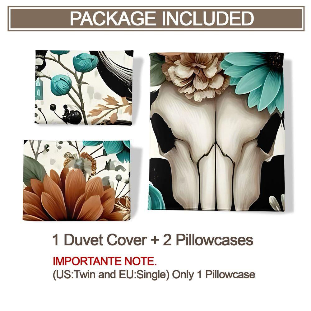 Western Boho Cow Skull Floral Duvet Cover Set (1 Duvet Cover & 1/2 Pillowcase) Soft Bedding Set for Rustic Bedroom Decor