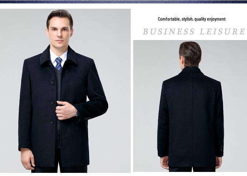Men's Cashmere Lapel Wool Coat - Autumn/Winter Thick Button-Up for Middle-Aged & Elderly Casual Wear