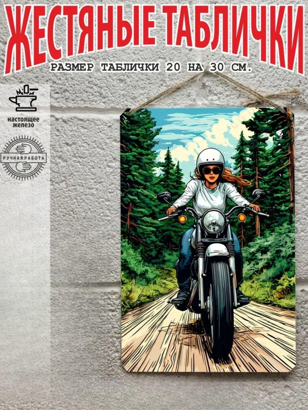 Металлическая табличка «Девушка на мотоцикле», Декор для стены гаража, Плакат