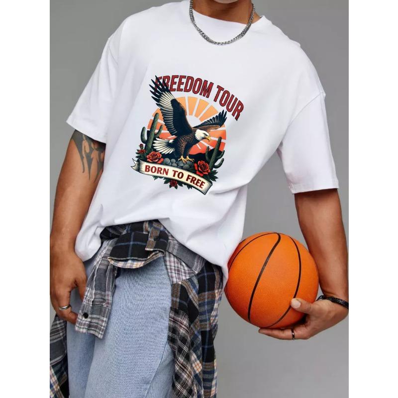 Freedom Tour T Shirt White Eagle Sunset Cactus Roses Born To Free Graphic Print Casual Wear for Men Outdoor Adventure Travel Fashion