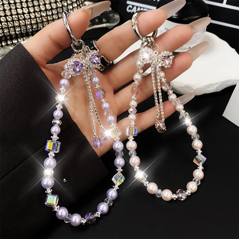 Y2K Trendy Sweet Beaded Phone Lanyard Ins Style Bow Beads Cellphone Charm Anti Lost Wristband Mobile Phone Chain Camera Pendant