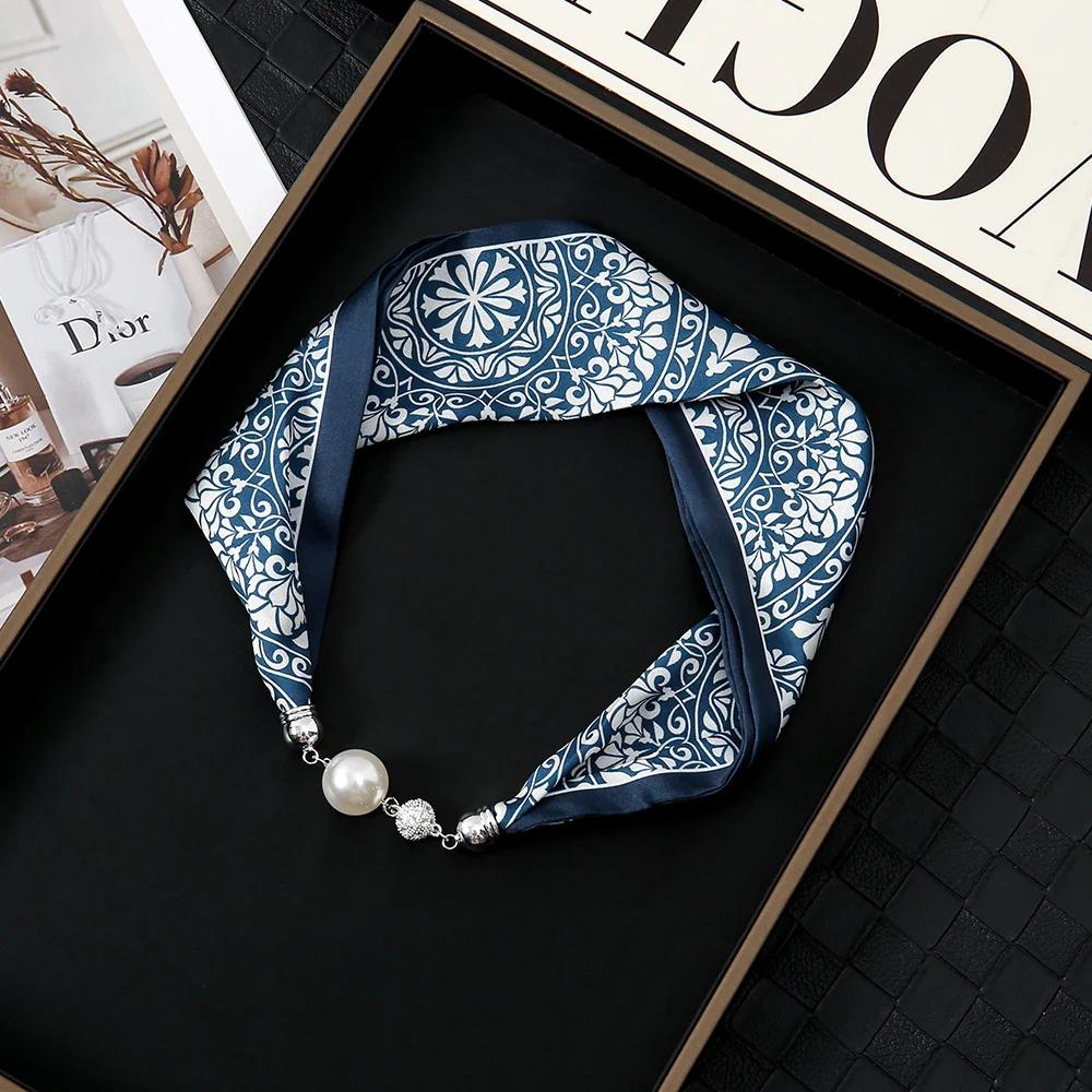 Chinese Retro Multi-Functional Magnetic Women'S Silk Scarf Small Strip Diamond Magnetic Buckle Small Scarf