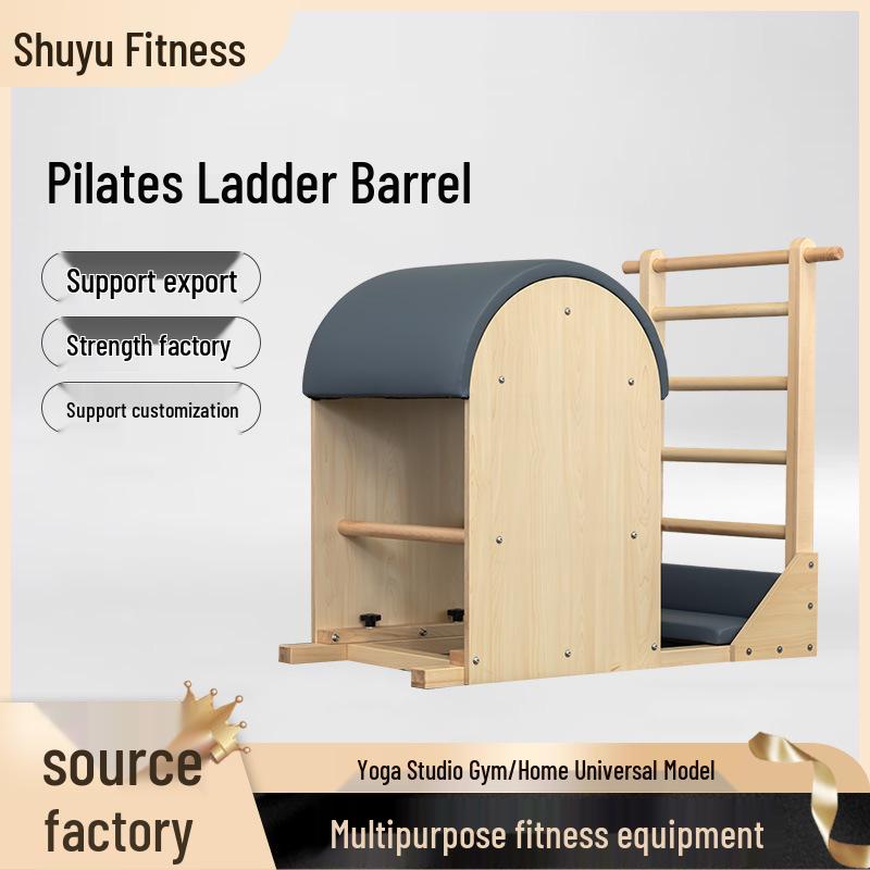 Pilates Five-Piece Set: Maple Ladder Barrel, Yoga Studio Core Bed, Stability Stool, and Body Sculpting Equipment.