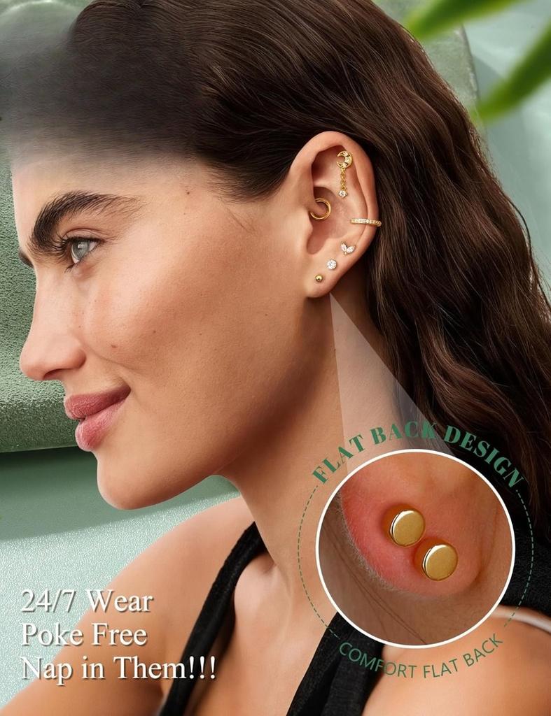 Orecchini per Cartilagine Calibro 16 per Donna Dorso Piatto Ipoallergenici Acciaio Chirurgico 316L Orecchino a Perno Cerchio Set Impilabile Gioielli Piercing