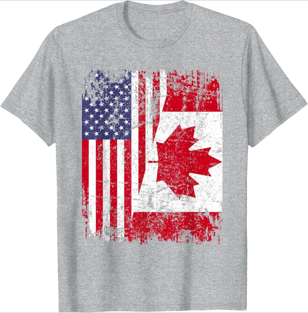 CANADIAN ROOTS|Half American Flag|CANADA pattern design-100% cotton summer O-neck short sleeve printed men's T-shirt.