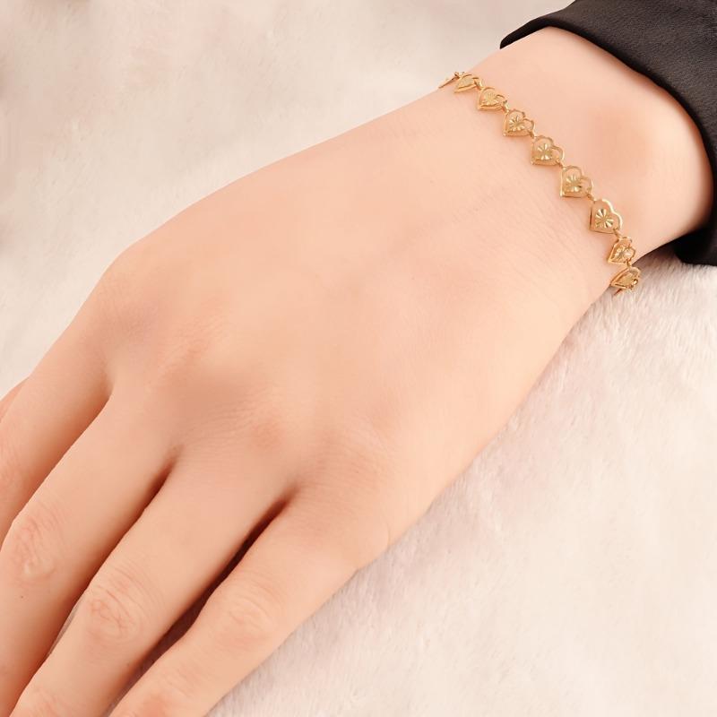 Gold Tone Engraved Heart Link Bracelet – Stainless Steel Dainty Romantic Jewelry for Women, Adjustable Valentine’s Gift