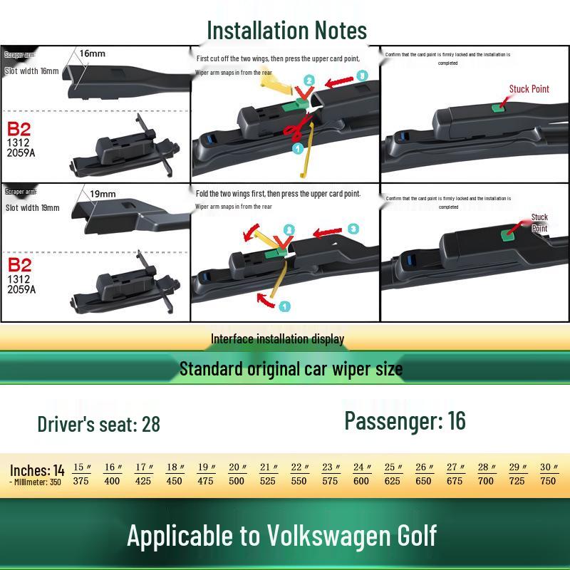 Compatible Windshield Wipers for VW Golf 4-8, CROSS, Sportsvan, R-Line