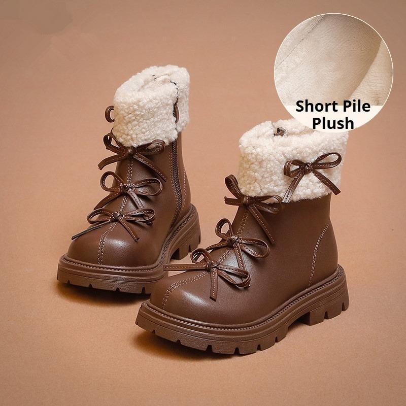 

Зимние Модные Короткие Ботинки для Девочек на Флисовой Подкладке и Утепленные Хлопковые Ботинки Теплая Обувь Принцессы Нескользящие Хлопковые Кожаные Ботинки 36 коричневый
