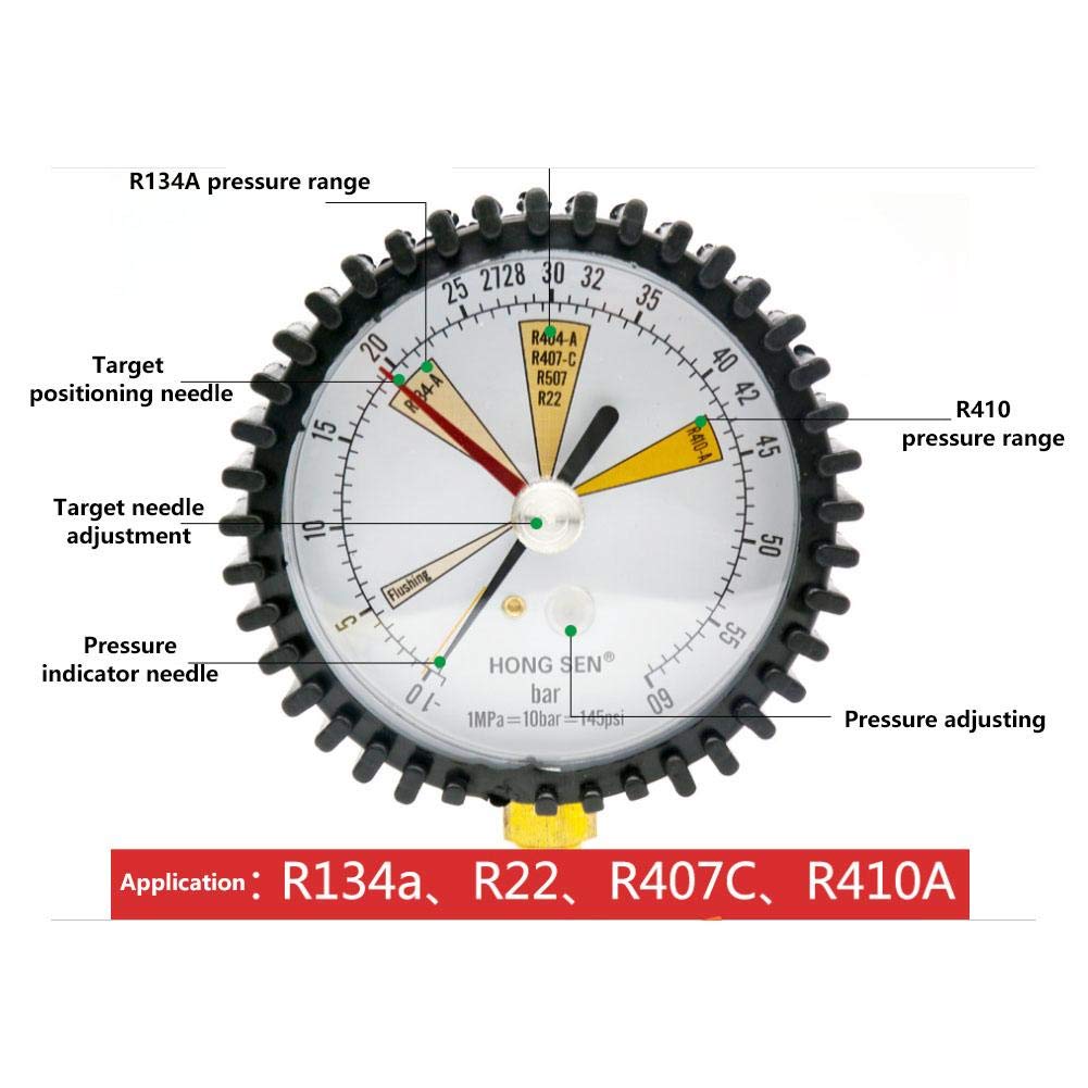 Pomya Pressure Gauge, Nitrogen Measurement Compression Gauge, Suitable for R134a, R22, R407C, and R410A Refrigeration Equipment