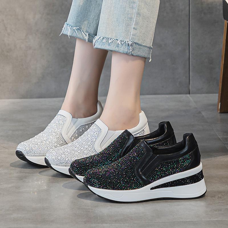 Fashion 7CM Air Mesh Microfiber Leather Platform Wedge Women Bling Bling Autumn Hidden Heels Chunky Sneakers Spring Fashion Boots Shoes