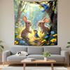 "Forest Bunnies and Bluebird Tale" Patterned Tapestry Decorative Wall Hanging, Home Bedroom Living Room Decor