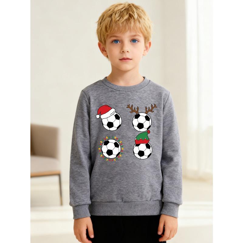 European sizes Kids' Round-neck Pullover, Long-sleeved Top , Christmas Football Print, Suitable for Daily Casual Wear and Outdoor Activities