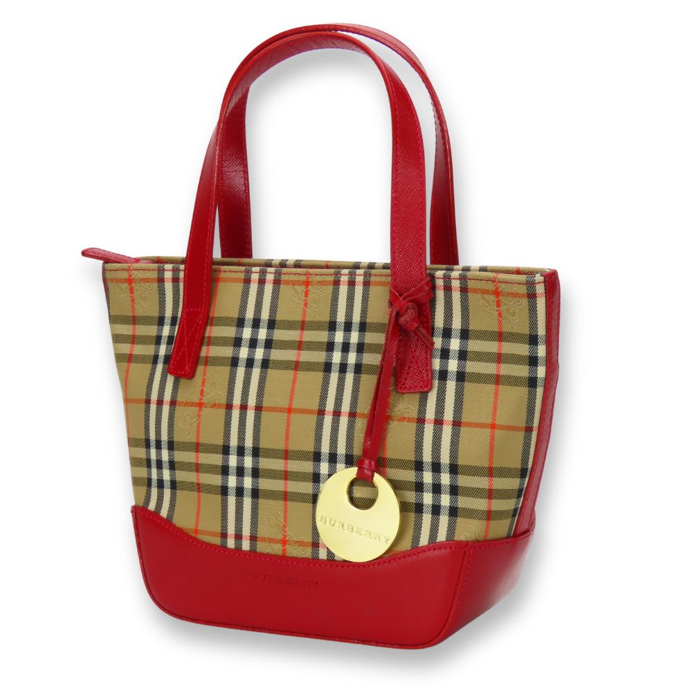 Used BURBERRY Handbag canvas/leather Red beige Nova Check