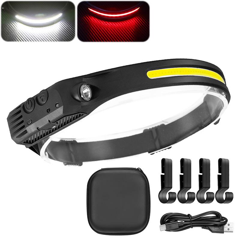Lampada frontale a LED COB, lampada frontale a induzione, batteria integrata, ricaricabile tramite USB, torcia frontale per campeggio all'aperto, pesca con sensore