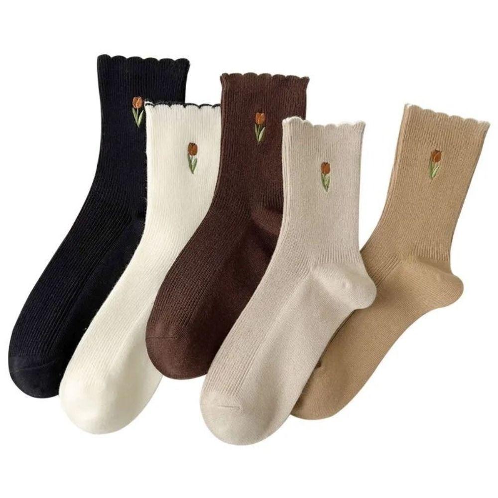 5pairs Crew Length Mid Tube Socks Tulip Floral Embroidery Ruffle Socking  Autumn Winter