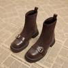 Autumn Women Knit Ankle Boots Fashion Metal Decoration Slimming Short Booties Autumn Winter  Thick Heel Shoes