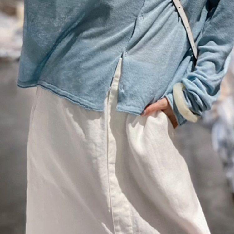 Damen Französischer Minimalistischer Weißer Leinen Midi-Rock - Elastischer Bund Slim-Fit Schlitz vorne Langer Rock für Sommer