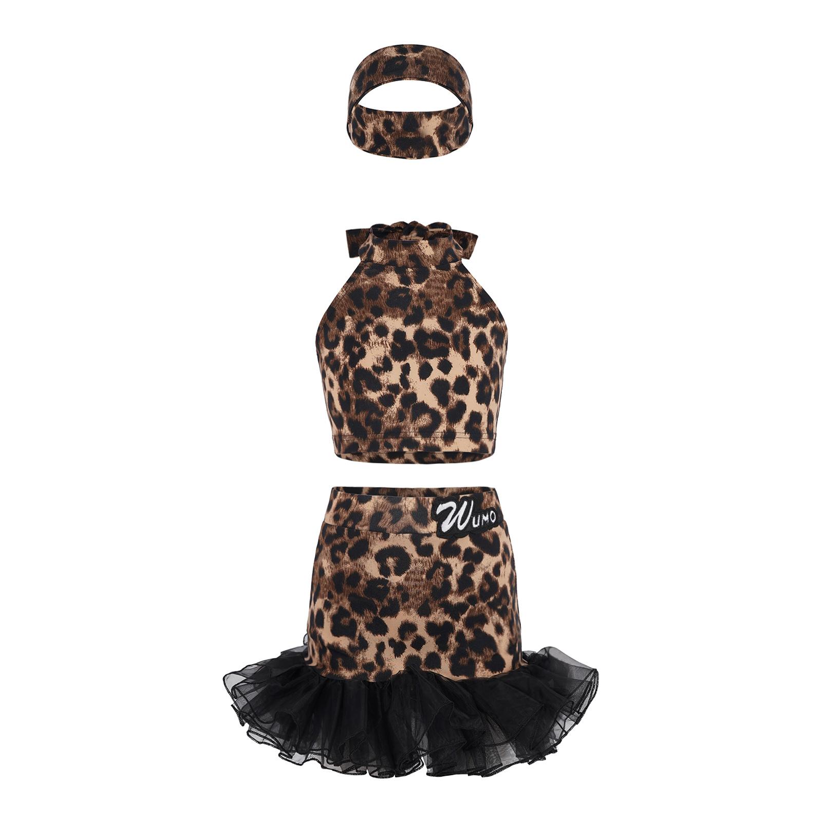 

Girls 3 Piece Leopard Print Latin Dance Halter Crop Top Sleeveless Self Tie Elastic Waist Ruffle Skirt Headband Set 11-12 Years коричневий