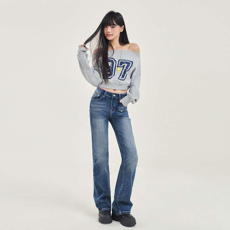 Autumn Winter Retro Washed American Straight Stretch Denim Jeans XS