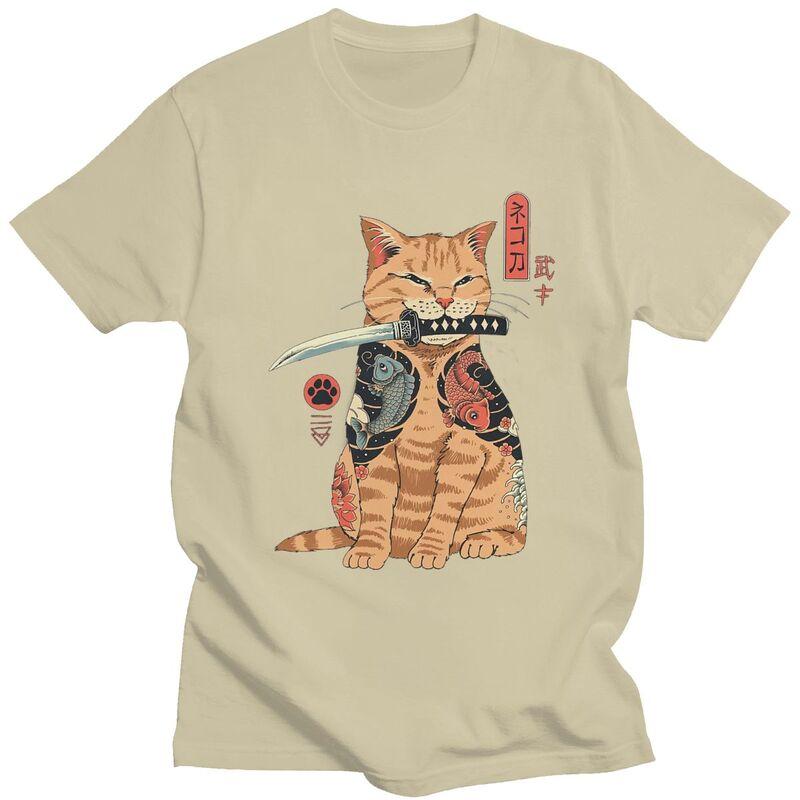 Custom Fashion Funny Japanese Samurai Cat T Shirt Men Tshirt Streetwear Tee Tops Pure Cotton Oversized Tshirts Merch