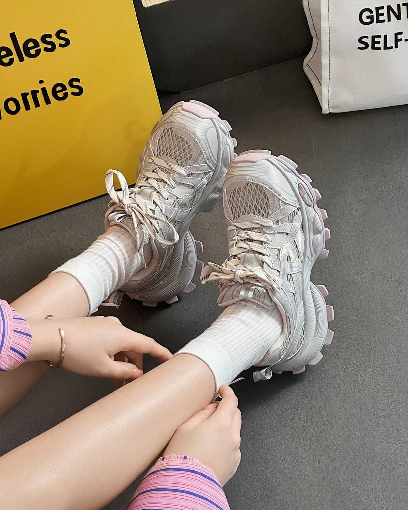 European station leather mesh breathable dad shoes women's 2025 spring and summer fashion thick-soled small height-increasing sports shoes