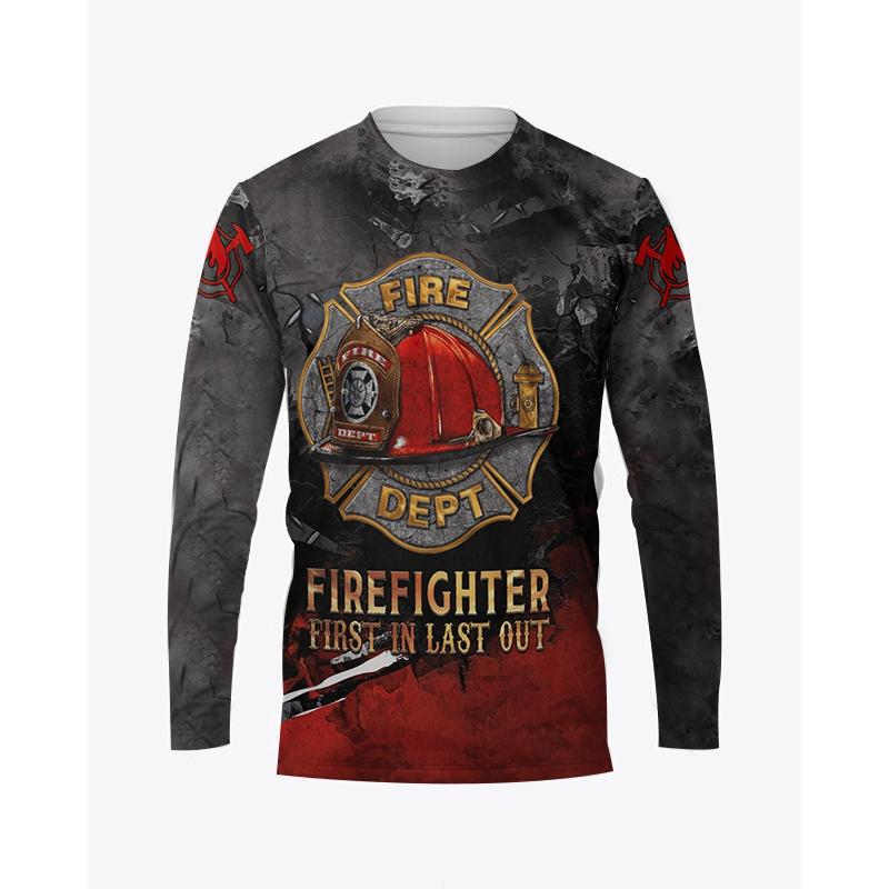Firefighter Graphic Printed Autumn Men's O-Neck T-shirt Casual Long Sleeve Oversized Pullover Fashion Streetwear