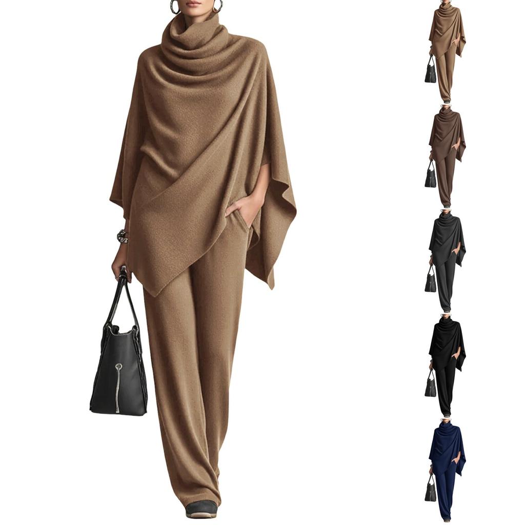 Women's Cozy Cowl Neck Cape Top and Wide Leg Pants Two Piece Set for Casual Daily Wear