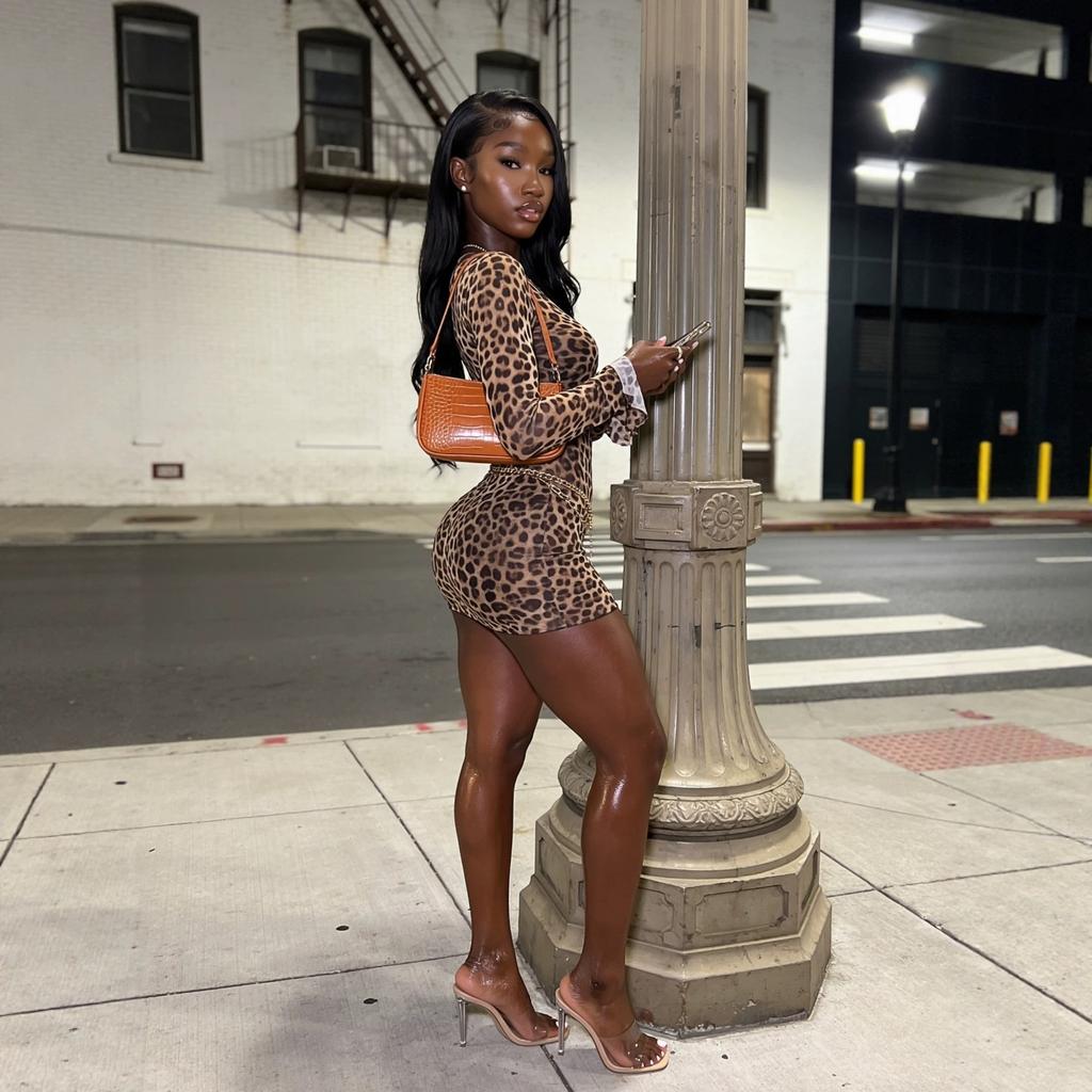 European and American Women's Clothing Leopard Print Crew Neck Long-sleeved Dress Elegant Mesh Short Hip Skirt High Sense