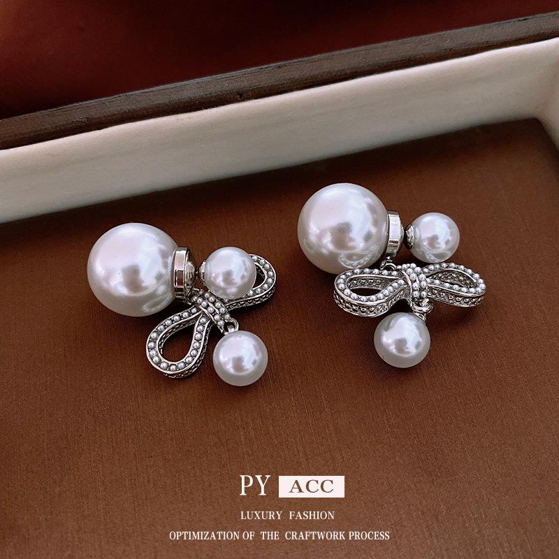 Gold-Plated Silver Bow Pearl Earrings: Retro, Elegant, and Luxurious Studs