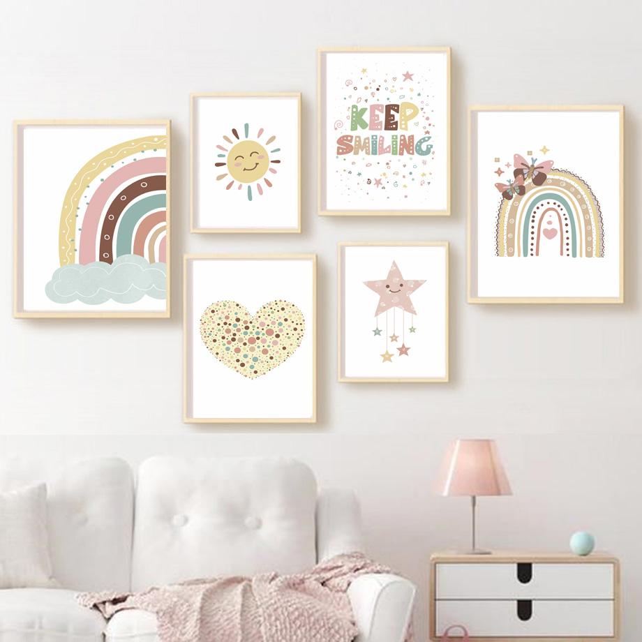 Cartoon Sun Stars Heart Rainbow Butterfly Nursery Nordic Posters Wall Art Canvas Painting Wall Pictures For Baby Kids Room Decor