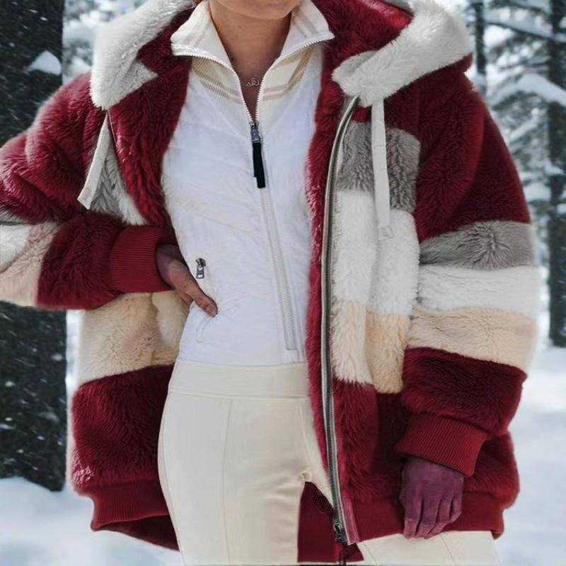 Warm plush patchwork zipper pocket hooded loose jacket