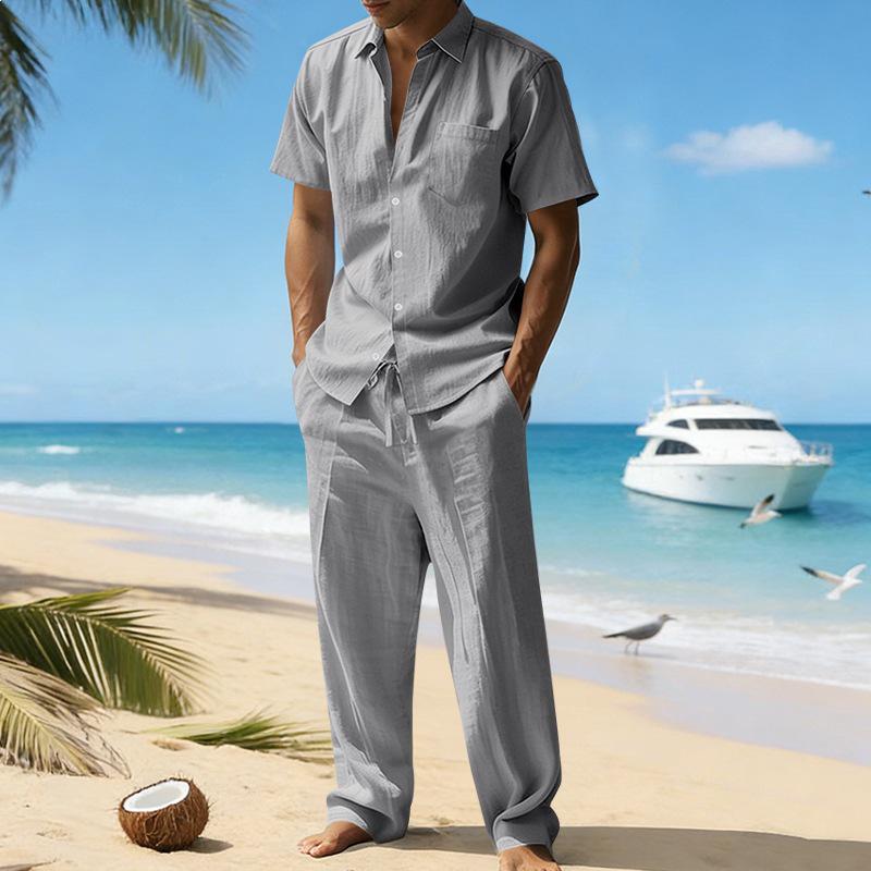 Men's European & American Linen Short Sleeve Shirt and Long Pants Set for Summer