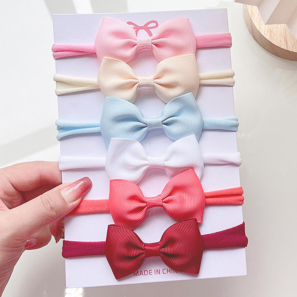 6Pcs/set Solid Color Grograin Ribbon Bowknot Headband For Girls New Headwear Elastic Hair Bands Infant Kids Hair Accessories