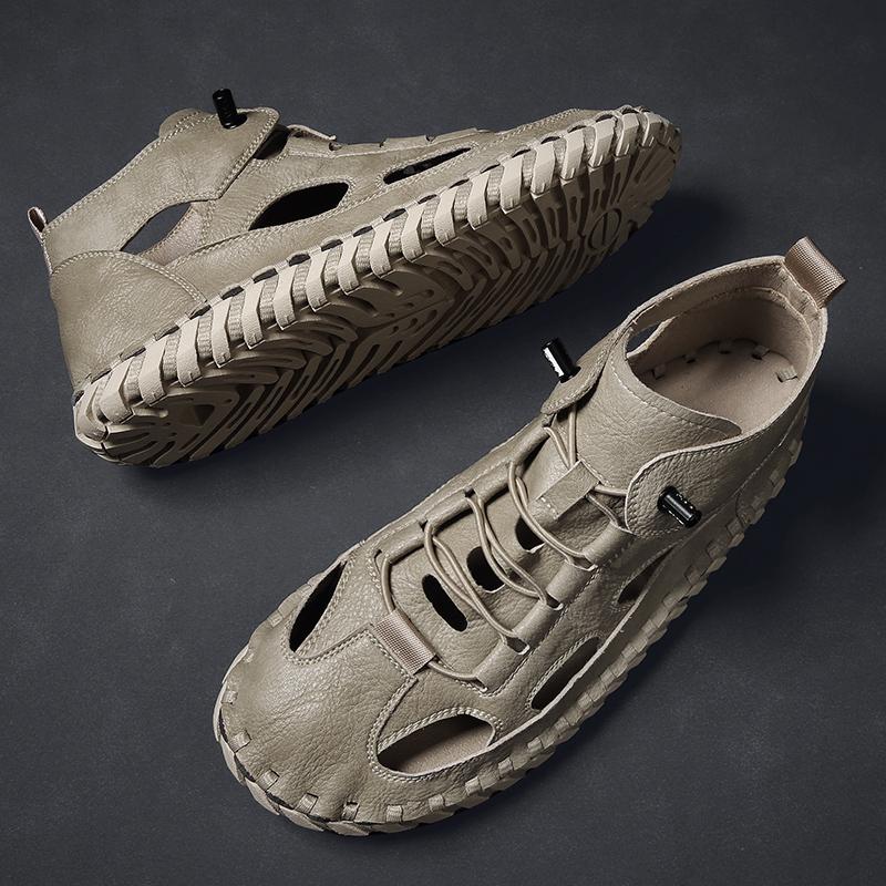 Fashion Leisure Anti-collision Toe Sandals Men High Top Leather Roman Sandals Fashion Men's Beach Flats Quick Dry Male Wading Aqua Shoes