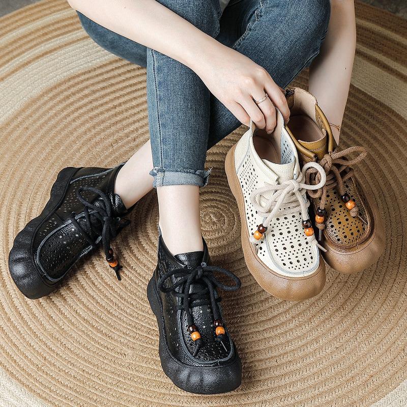 The First Layer of Cowhide Summer Thick-soled Hollow Small Short Boots Retro Breathable Martin Boots Genuine Leather Boots Women's Cool Boots