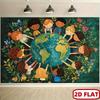 2D plan, featuring one Earth and a unified theme background, surrounded by various children and vibrant flowers and leaves