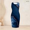 Women Plus Size Two Piece Set Blue Printed Long Sleeve Draped Cardigan Sleeveless Bodycon Dress