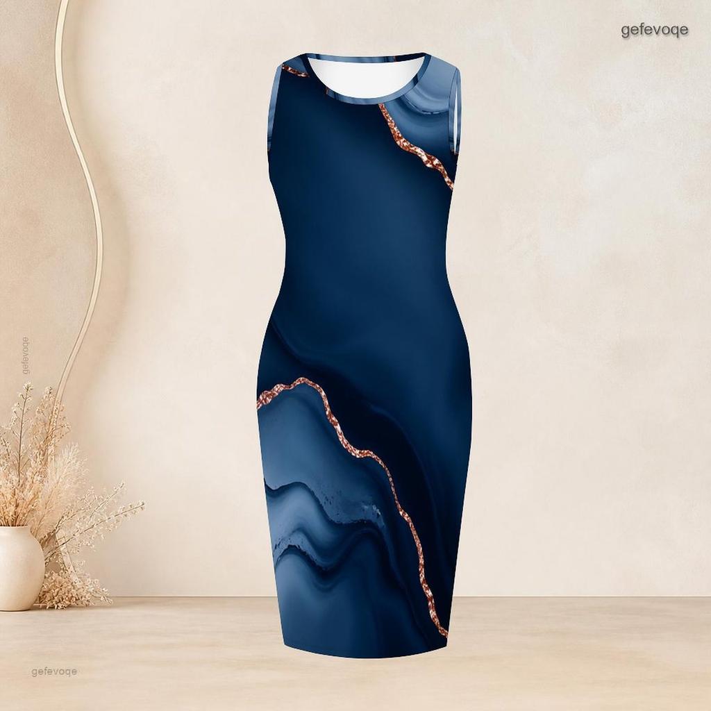 Women Plus Size Two Piece Set Blue Printed Long Sleeve Draped Cardigan Sleeveless Bodycon Dress