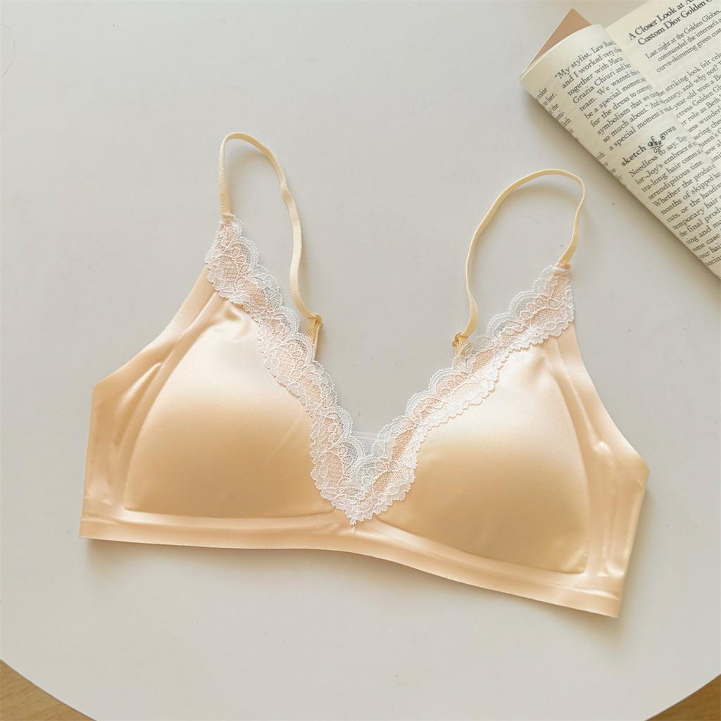 Lace Gather French Deep V Satin Thin Shoulder Strap Thin Seamless Triangle Cup Comfortable Text