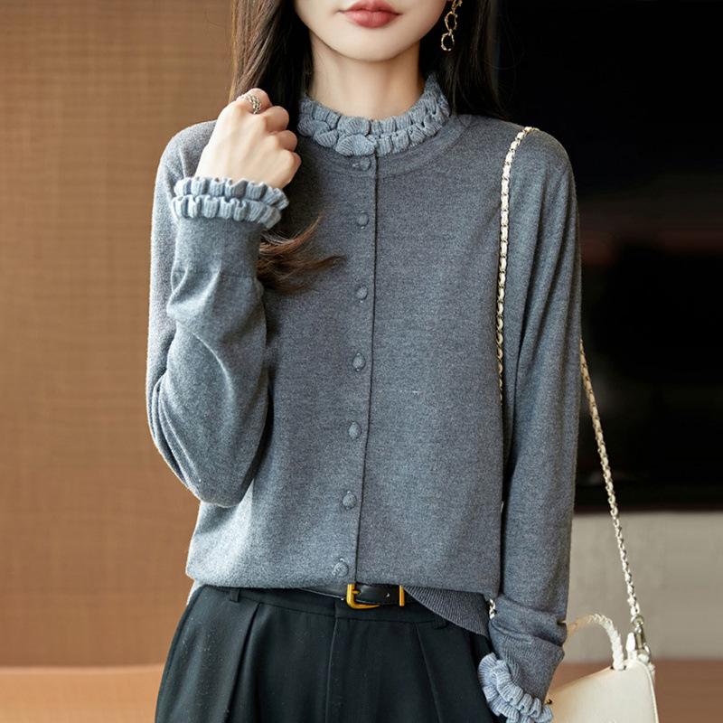 Elegant 2026 Autumn Winter Color Block Knit Cardigan for Women with Ruffle Lace Collar - Slimming and Stylish Outerwear Top
