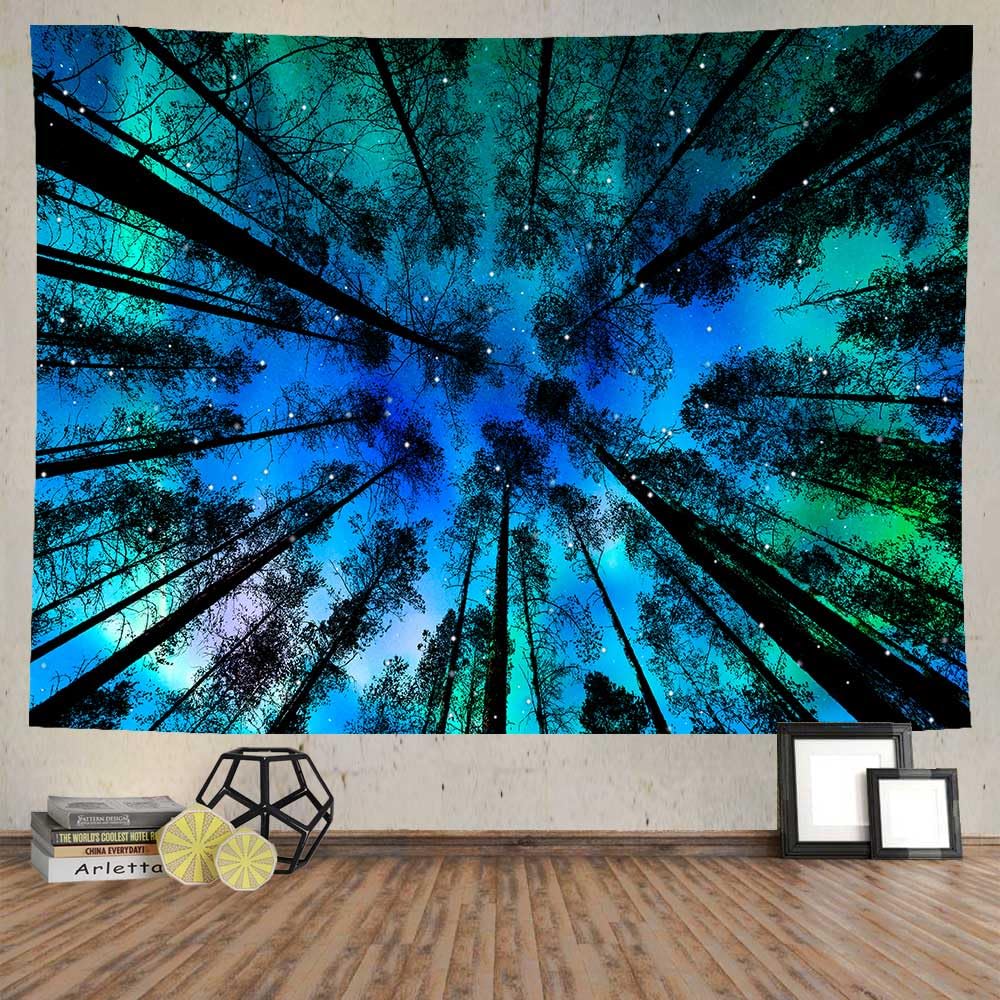 Northern Lights Forest Tapestry Aurora Borealis Misty Pine Trees Trippy Tapestry Aesthetic Wall Art Meditation Decor For Bedroom